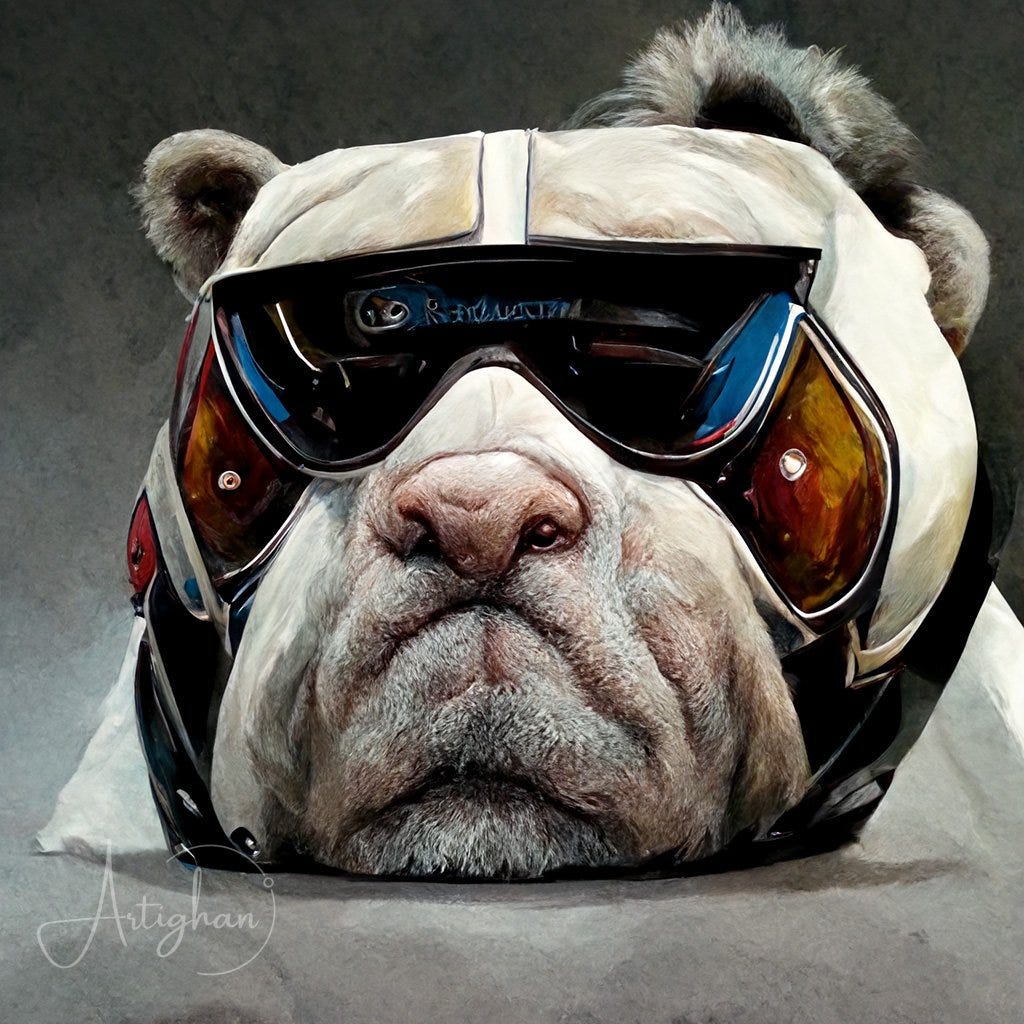 English Bulldog wearing goggles sitting on a Motorcycle