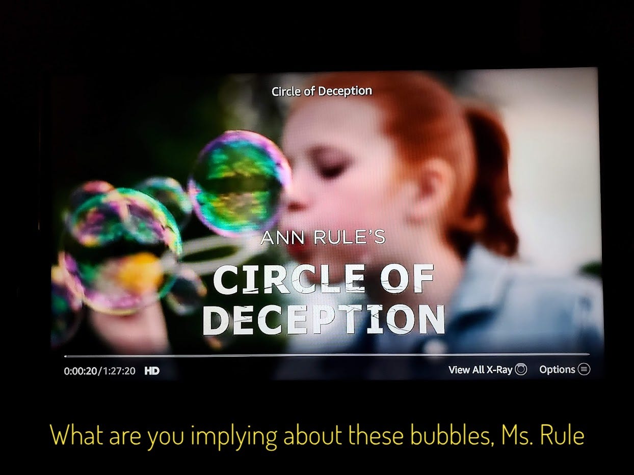 The title screen, featuring a young redhead blowing bubbles, captioned "What are you implying about these bubbles, Ms. Rule"