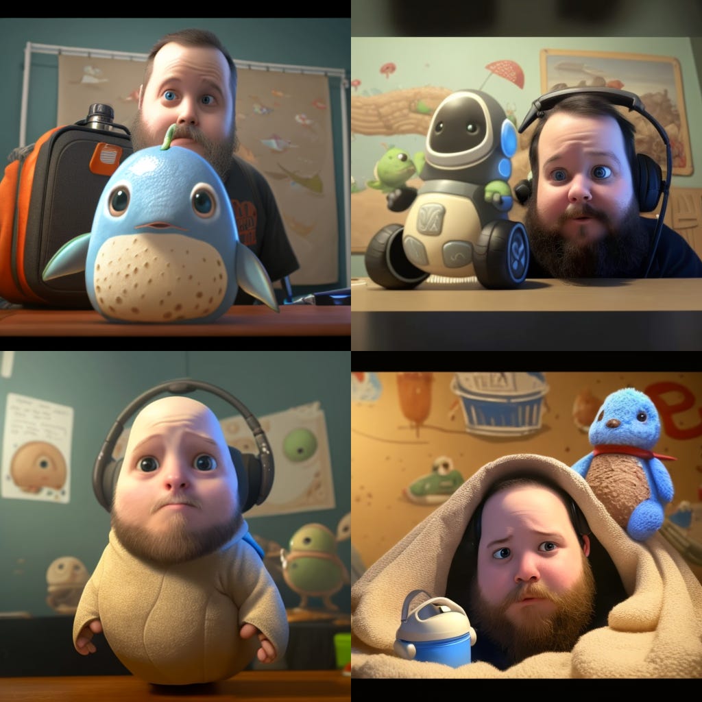 set of 4 images of me as a Pixar character generated from an image of me.