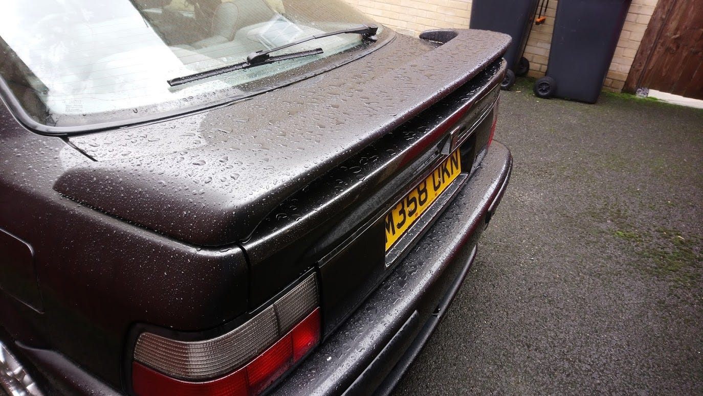 Rover 220 Coupe Spoiler (freshly painted with spots of rain on it)