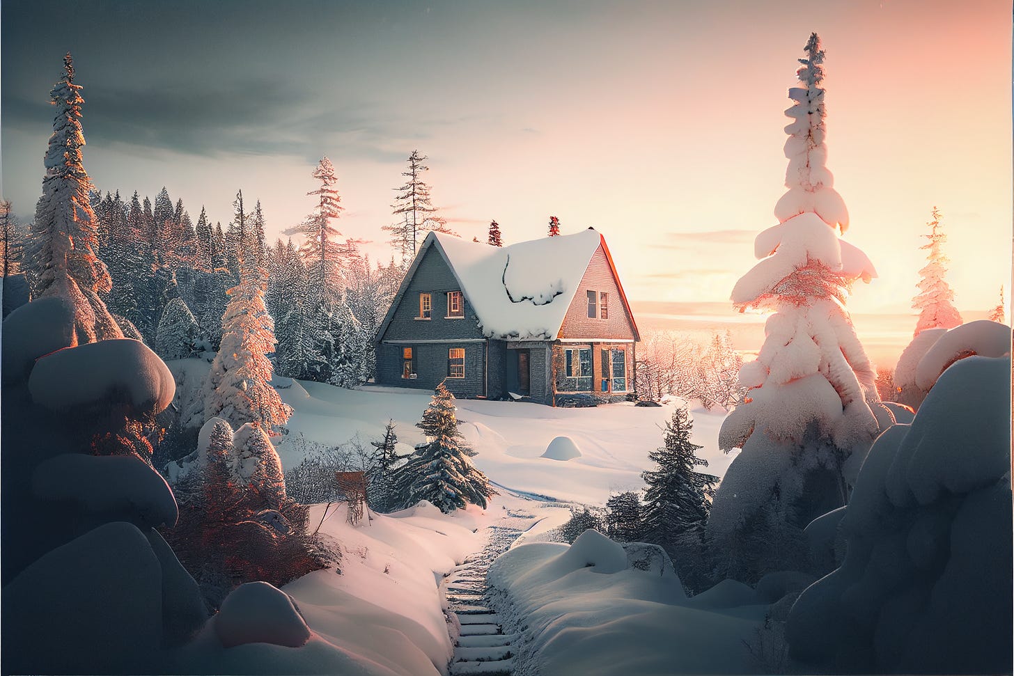 Winter, Hiking, house, Snow, Walking, Finland, morning, forest,Fantastic winter landscape with wooden house in snowy mountains. Hight mountain peaks in foggy sunset sky, high quality photograph, cenematic elements, ambient occlusion, 40mm, f/s,beautiful colors, hyper realistic, Super-Resolution, volumetric lighting, photorealistic, unreal engine 5