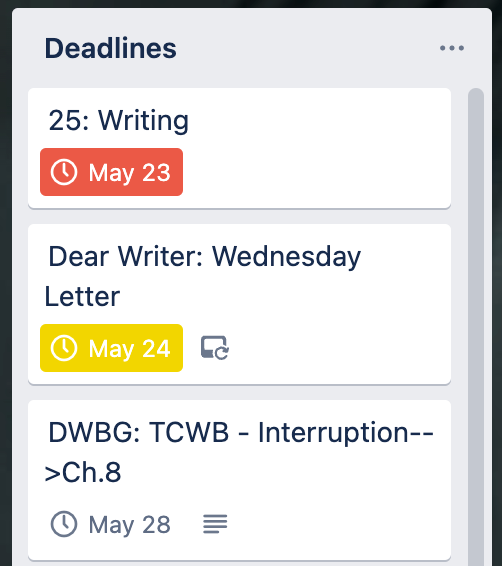 A series of cards on my Trello board for deadlines; the first one says "25: Writing"