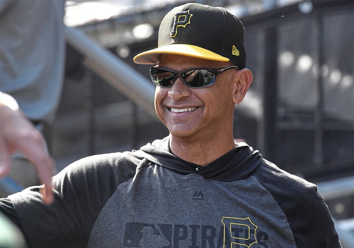 Pirates third base coach Joey Cora stands in the dugout during batting practice Wednesday, Sept. 25, 2019, at PNC Park. (Matt Freed/Post-Gazette)