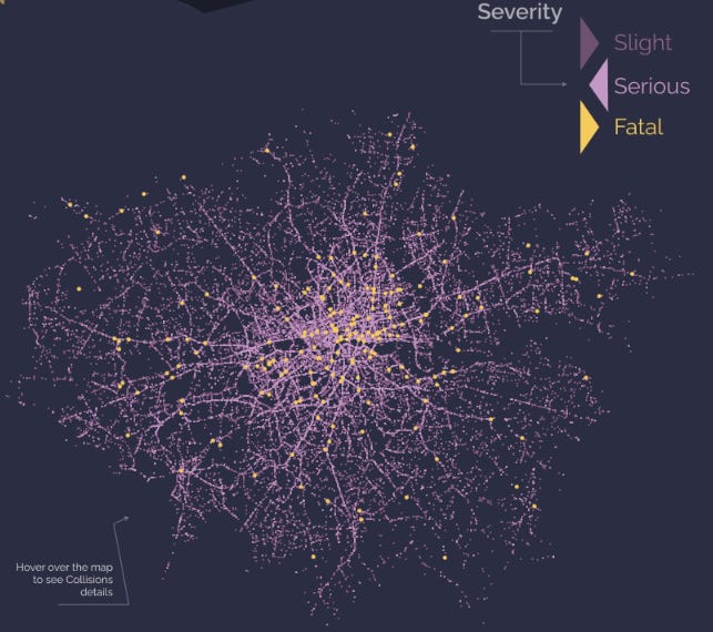 A map showing collisions on London bicycles between 2005 and 2019. There is a higher concentration of collisions in the city centre