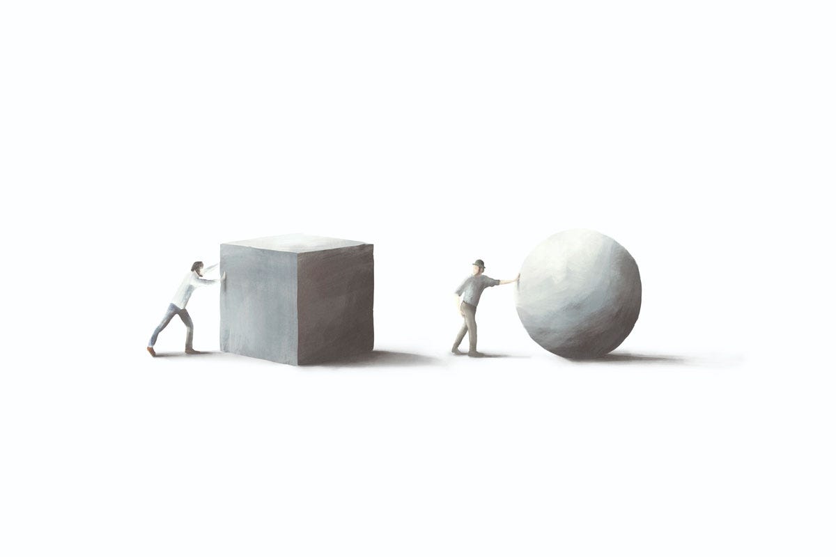 Dialogue with a Curious Injectee: Afterward; One Man Pushing Square Block and Another Pushing a Sphere