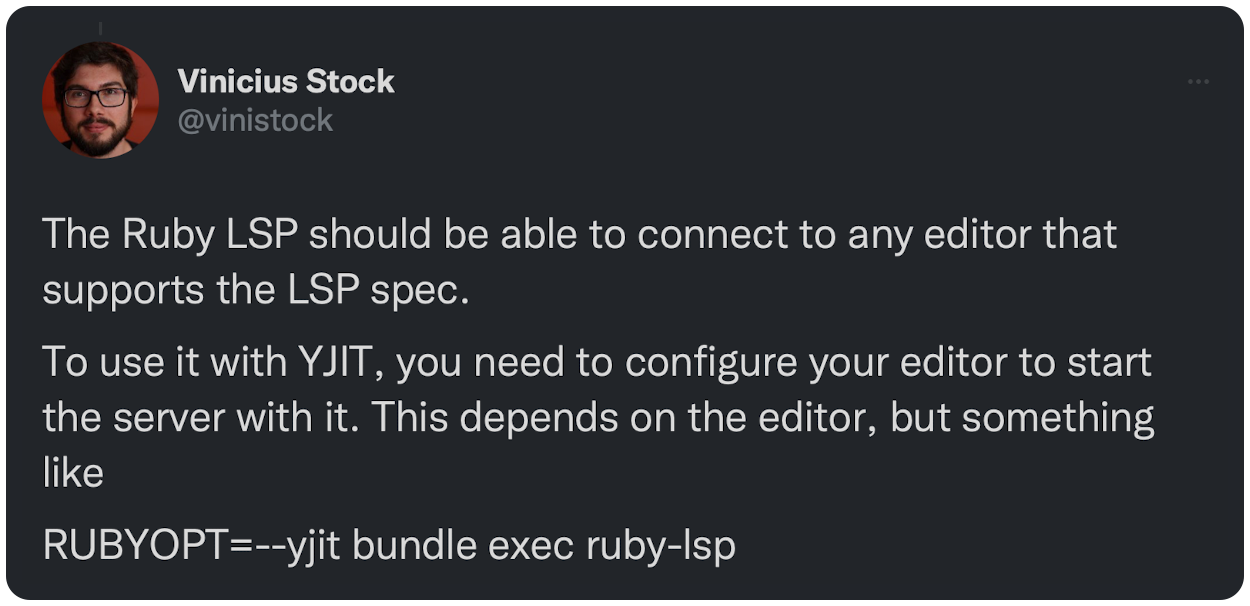 The Ruby LSP should be able to connect to any editor that supports the LSP spec.  To use it with YJIT, you need to configure your editor to start the server with it. This depends on the editor, but something like  RUBYOPT=--yjit bundle exec ruby-lsp