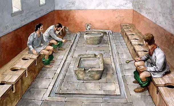 Reconstruction drawing of the communal latrines at Housesteads Roman fort (Vercovicium) on Hadrian's Wall. This site is now in the care of English Heritage (2010).