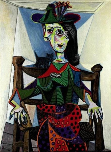 Imagem reproduz pintura “Dora Maar au Chat”, de Pablo Picasso. A obra tem uma mulher figurativa sentada em uma cadeira e com um pequeno gato, no estilo que ficou conhecido por cubismo, que deforma perspectivas.