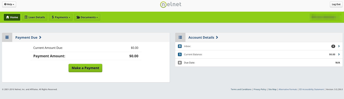 NelNet home screen, student loans, zero balance, NelNet, payments, 