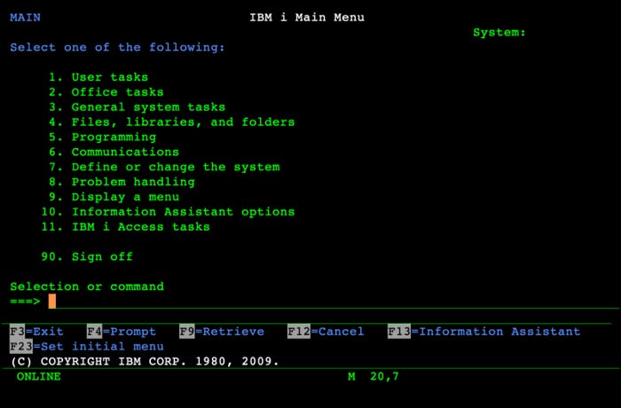 IBM i, a gui-less interface. Words exist (in green text) on a black screen, and there is no mouse control. Instead, users are asked to select a number (1–11) to choose a particular option.