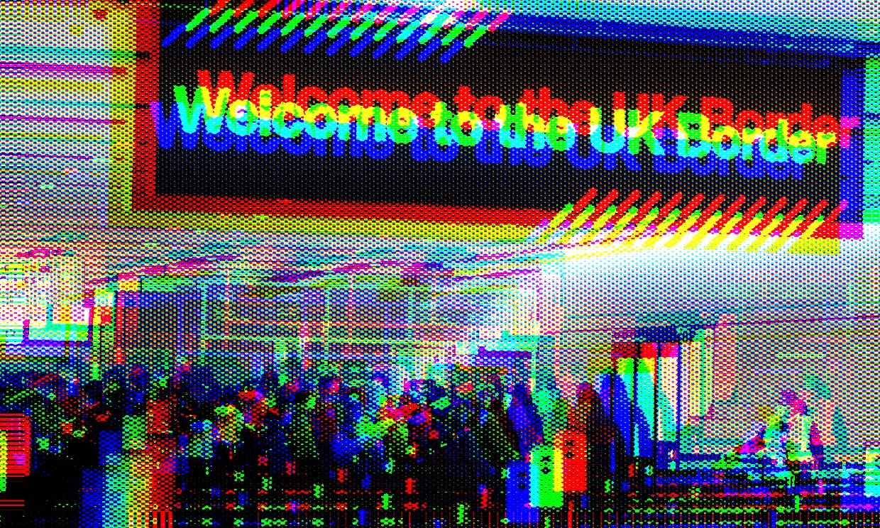 UK customs border in a halftone rgb offset style.