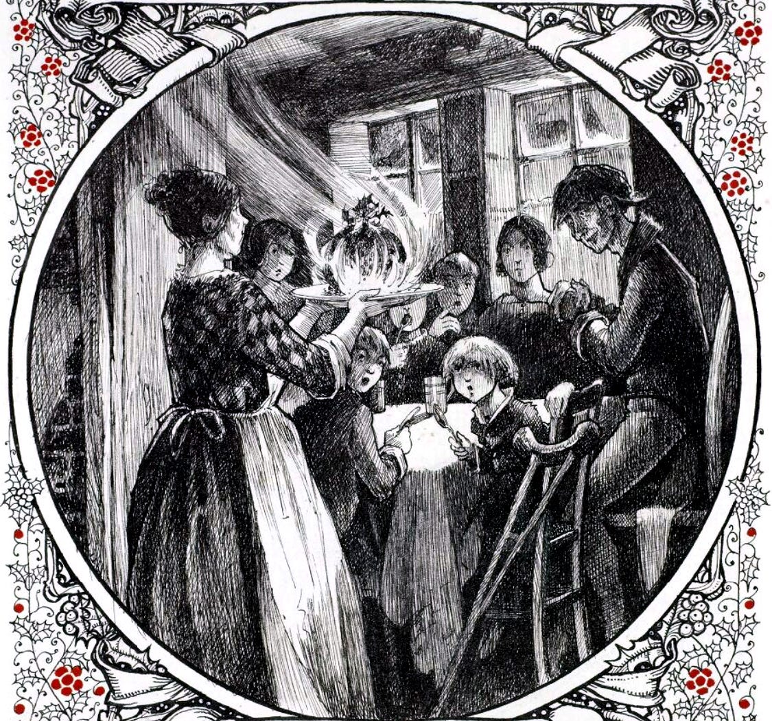 Mrs. Cratchit brings a flaming pudding to her family