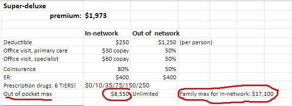 A photo of a spreadsheet for the Super-Deluxe health care plan. The out of pocket max was $8,550, with an unlimited out of network maximum. The family max for in-network was $17,100.
