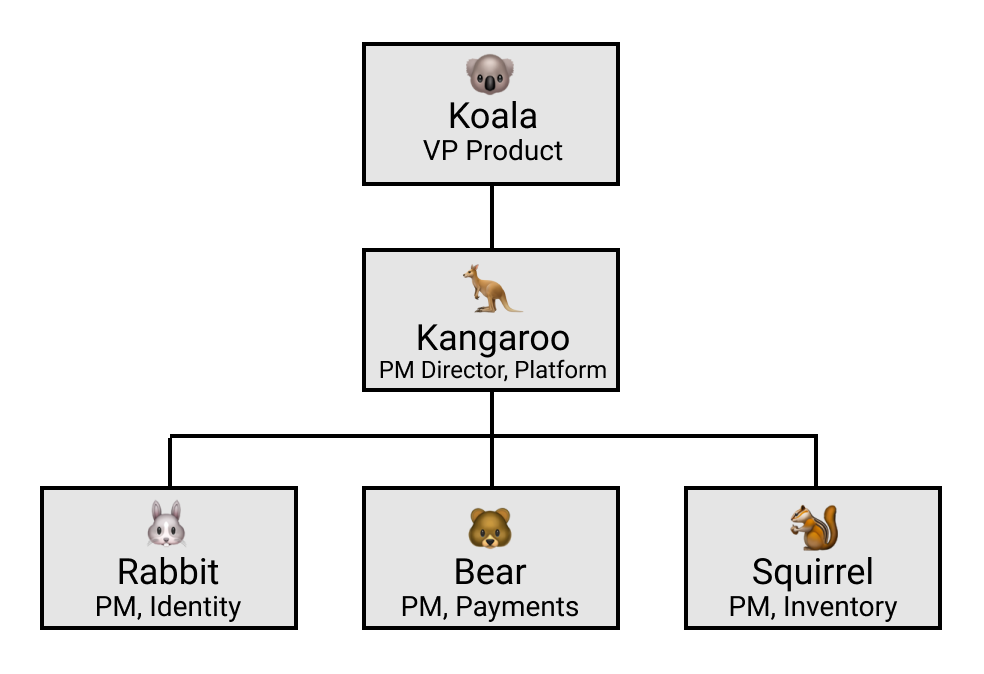 Org chart showing Koala (VP of Product), Kangaro (PM Director) and Rabbit/Bear/Squirrel (PMs)
