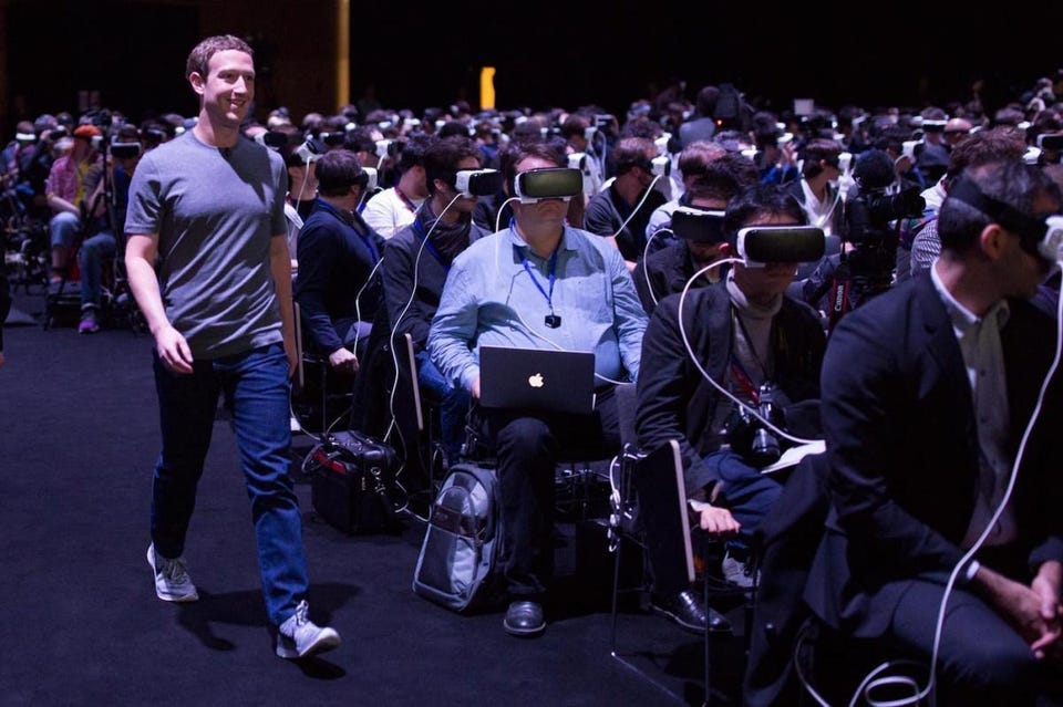 Mark Zuckerberg presenting the Oculus Virtual Reality headset