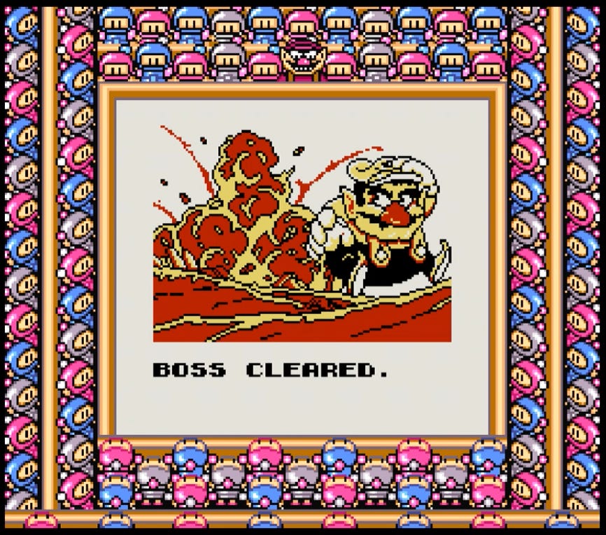 A screenshot of Wario after clearing a boss in Wario Blast, with him being blown away by the explosion while holding his hat, in a seemingly controlled fashion. There is far more character detail in this art than in his tiny in-game sprite.
