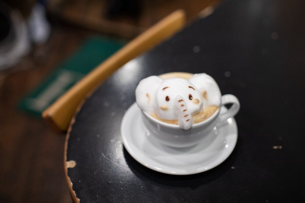 Another view of the elephant latte art at Reissue Cafe.