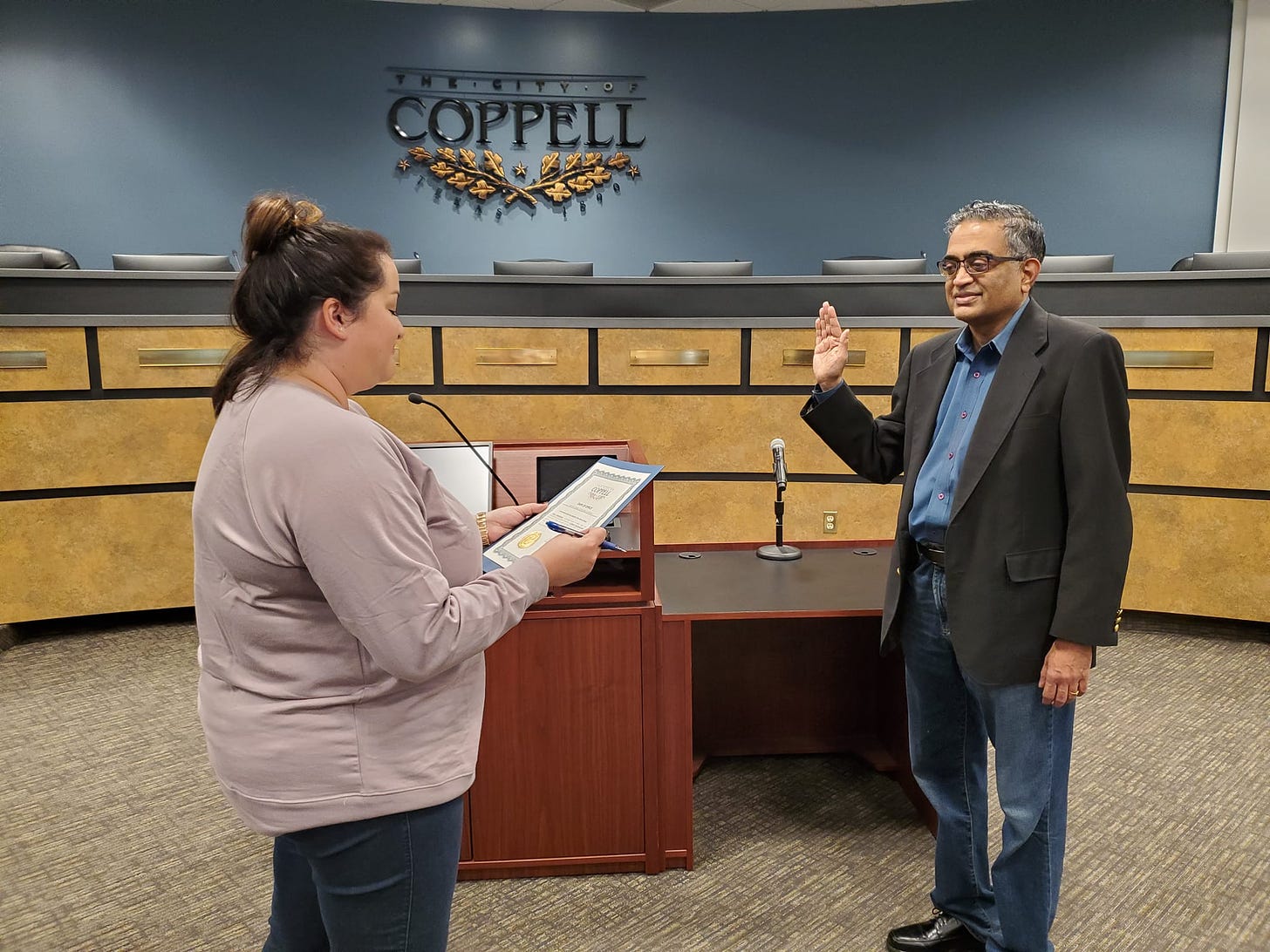 Venky Venkatraman takes his oath of office as a member of Coppell's Conduct Review Board.