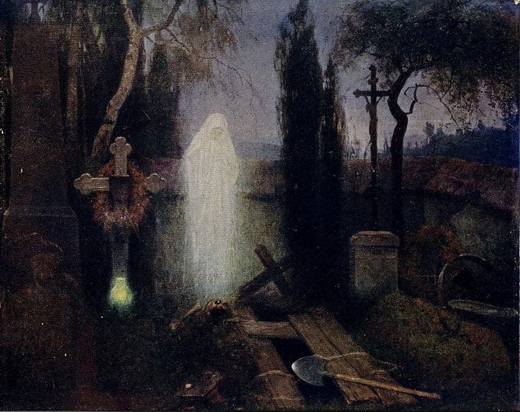 Realistic oil painting of a shimmering white figure in front of a grave in a cemetery