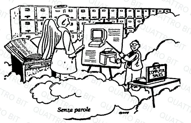 Vignetta umoristica "senza parole" che accompagnava l'articolo: un venditore della "Acme Computer Sales" propone l'acquisto delle meraviglie informatiche del futuro a un angelo in paradiso, ancora alle prese con un vecchio archivio cartaceo