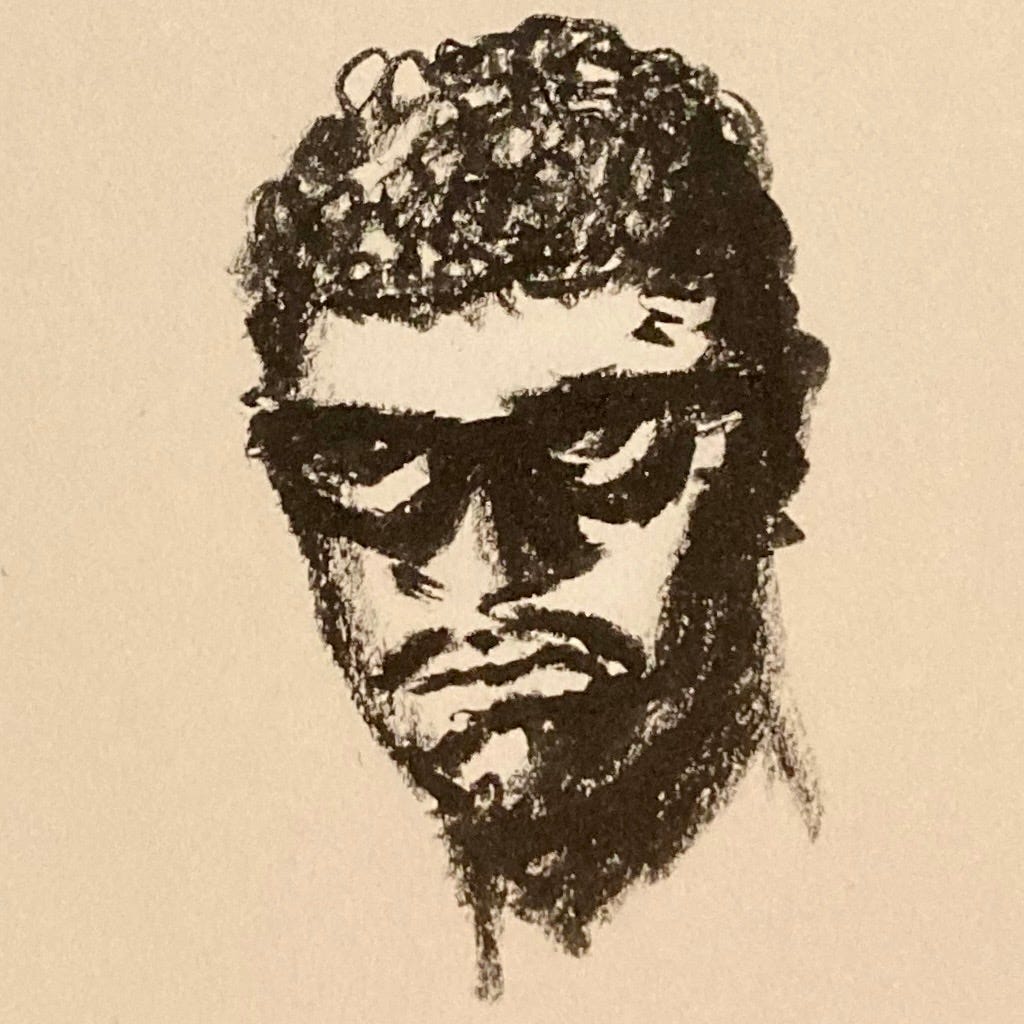 A drawing of an angry looking man with glasses.