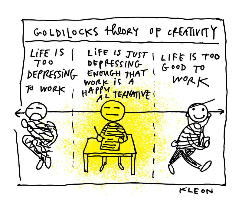 a cartoon with the title goldlilocks theory of creativity - life is too depressing to work - life is just depressing enough that work is a happy alternative - life is too good to work