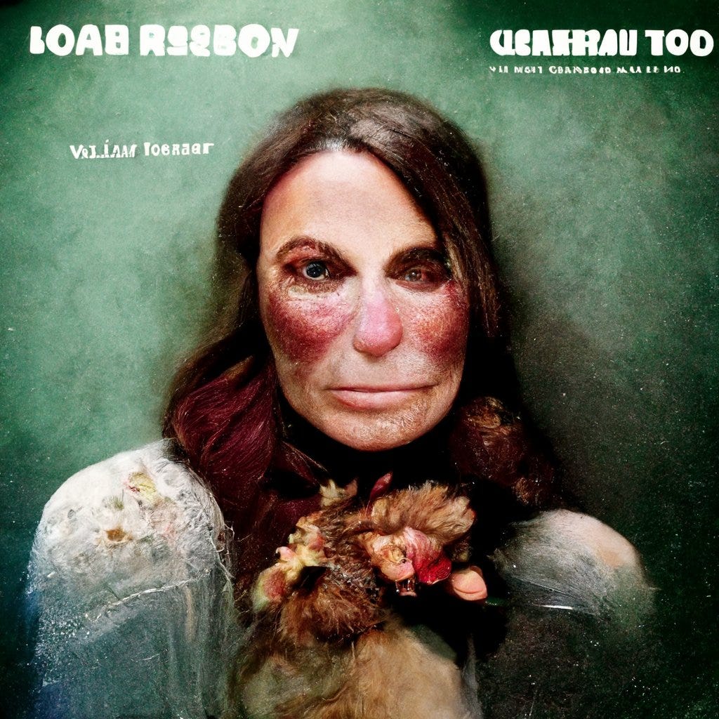 a variant of the woman from the first image on what appears to be an album cover with the word "Loab" on it. She appears to be holding flowers, leaves, or feathers of some kind, on a textured, green backdrop.
