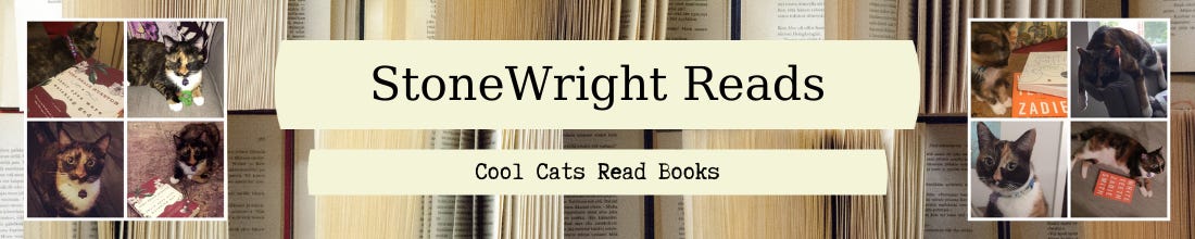 Background image of books, pages facing out, foregrounded by two images of my cats with books by their namesakes--Zora Neale Hurston and Zadie Smith--bracketing text "StoneWright Reads" with the subtitle "Cool Cats Read Books"