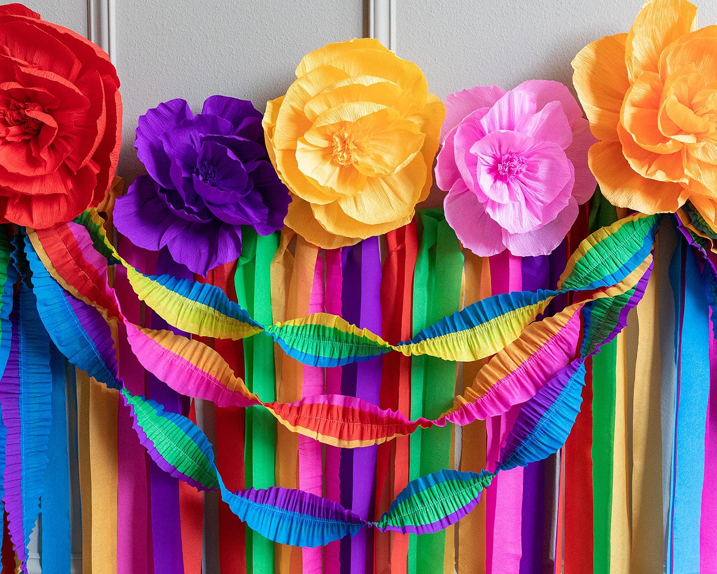 Amazon.com: Riles & Bash Mexican Fiesta Streamer Backdrop with Crepe Paper  Fiesta Flowers and Ruffled Party Streamers - Mexican Party Decorations for  a Birthday, Taco Party, Dia de Los Muertos - Cinco