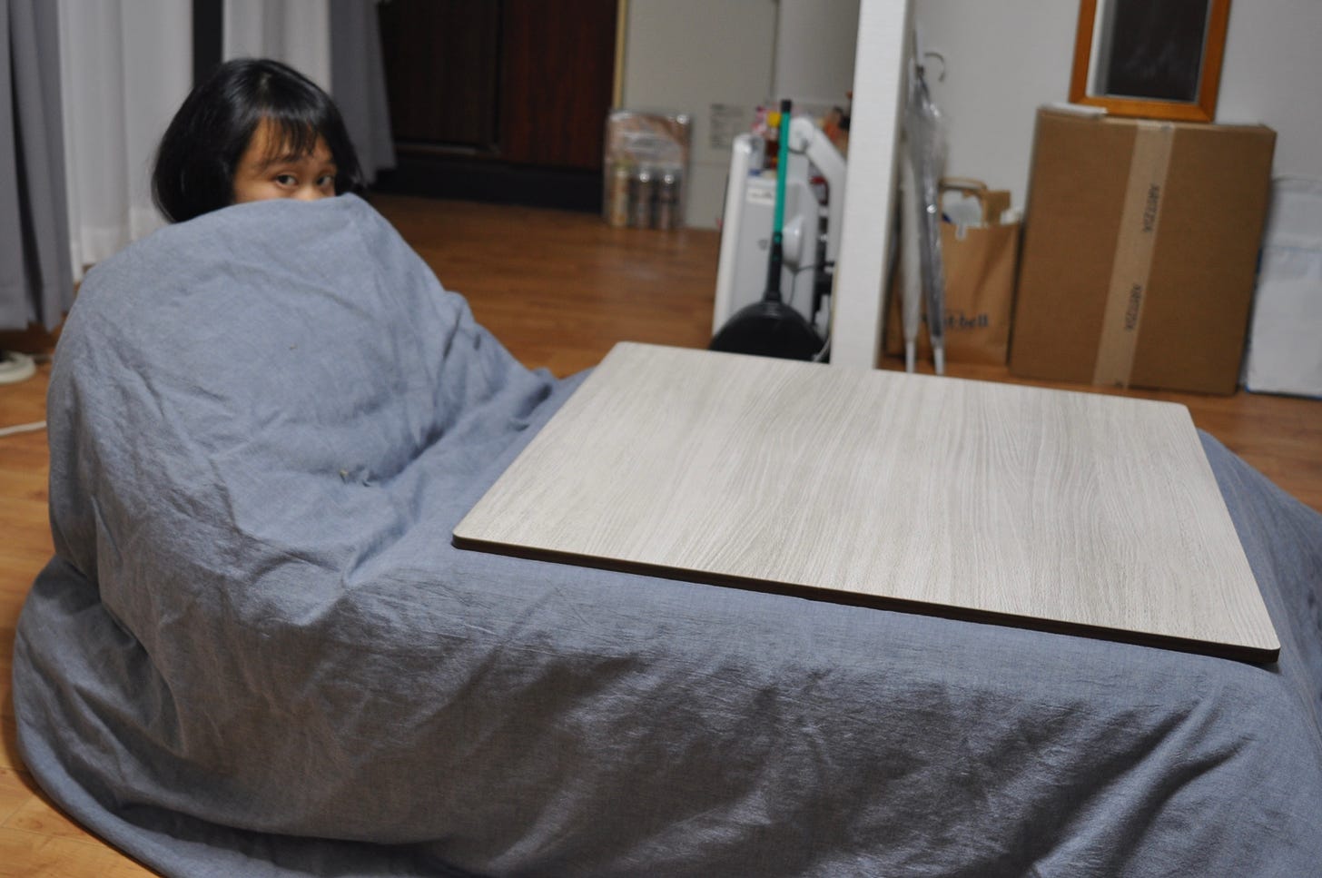 a woman under a kotatsu