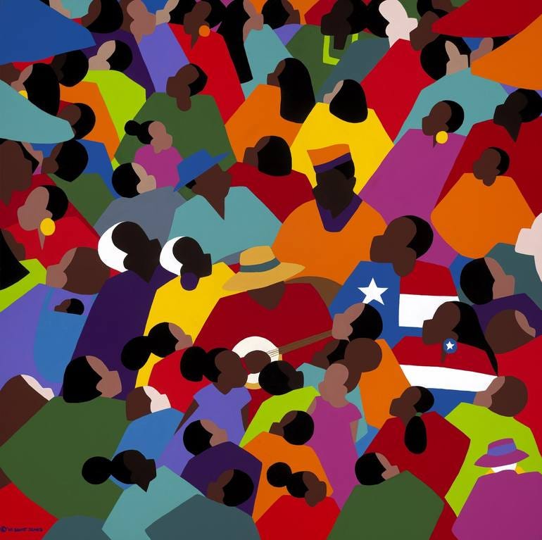 A colorful painting featuring scores of Black people huddled together, faceless. One person wears a star-spangled covering while another wears a red and white striped covering, together resembling the American flag. 