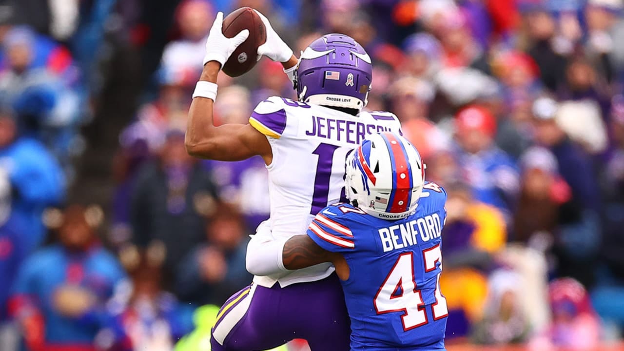 Justin Jefferson catches a ball as a defender from the Buffalo Bills tries to stop him.Every Justin Jefferson Catch From His Career-High 193-Yard Day Against Bills