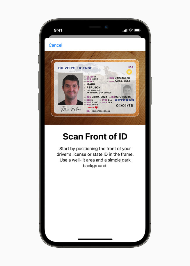 Wallet prompt to scan a physical ID for verification on iPhone 12 Pro.