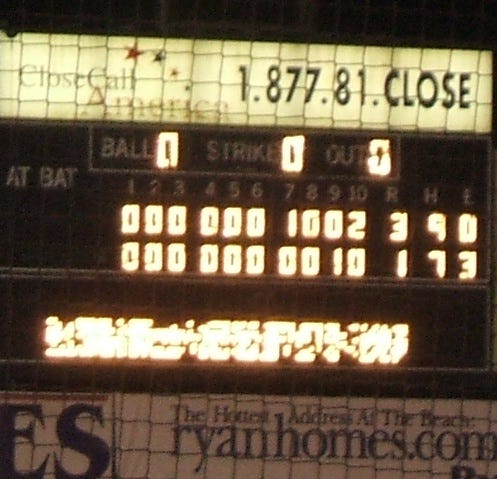 The scoreboard tells the story as the Shorebirds drop an extra-inning affair to Lake County.