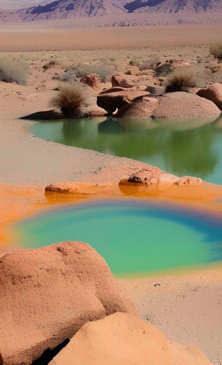 A.I. image of two pools of water in a desert landscape at the foot of a mountain range.