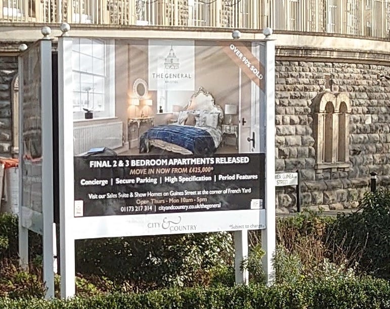 Photo of advert outside General Hospital offering flats at £425,000 and 90% sold