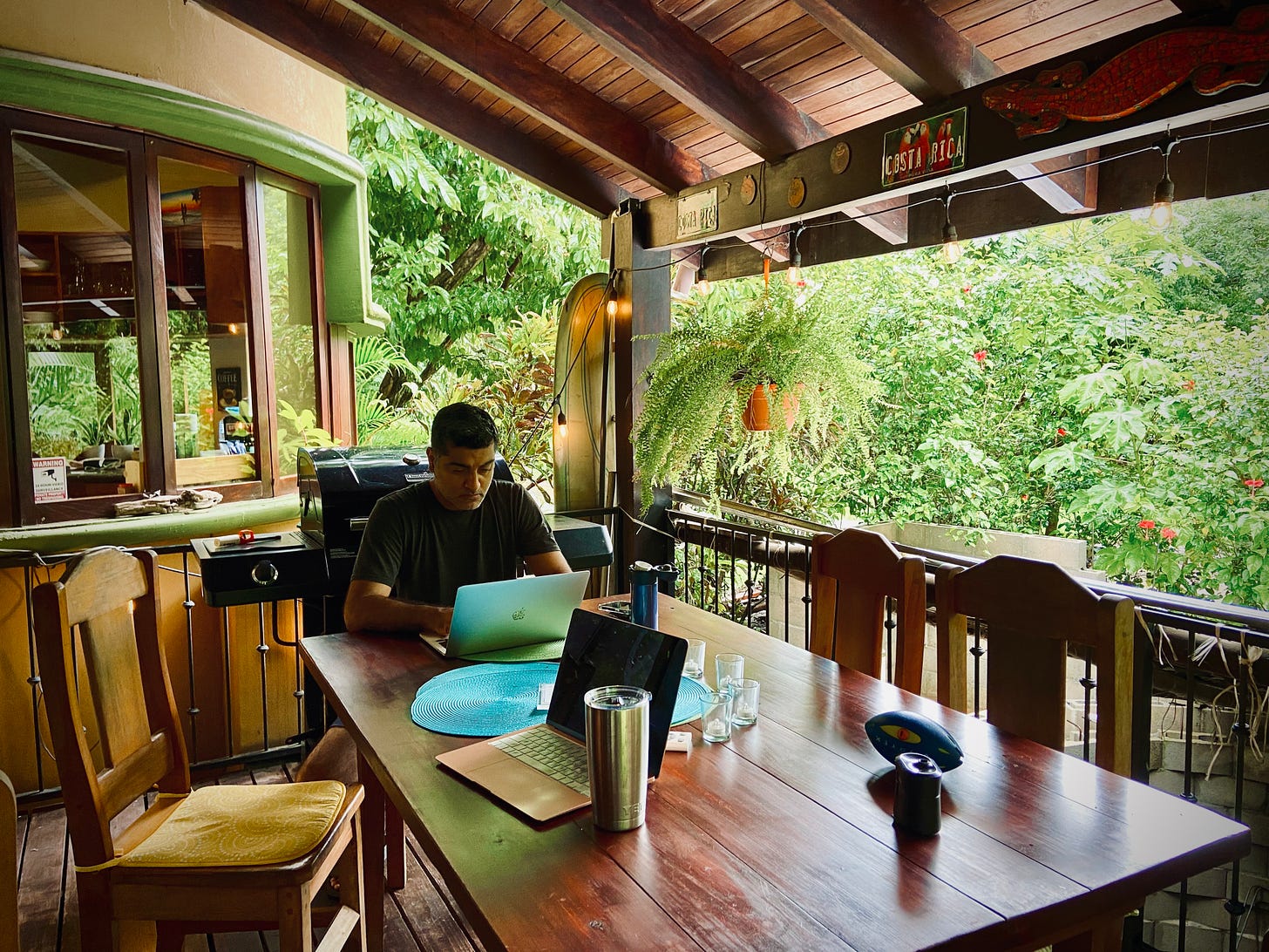 Man sitting at table on patio, at computer, overlooking plants outside.