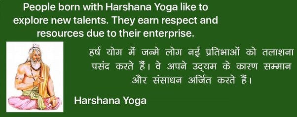People born with Harshana Yoga like to 
explore new talents. They earn respect and 
resources due to their enterprise. 
Qia I 
Harshana Yoga 