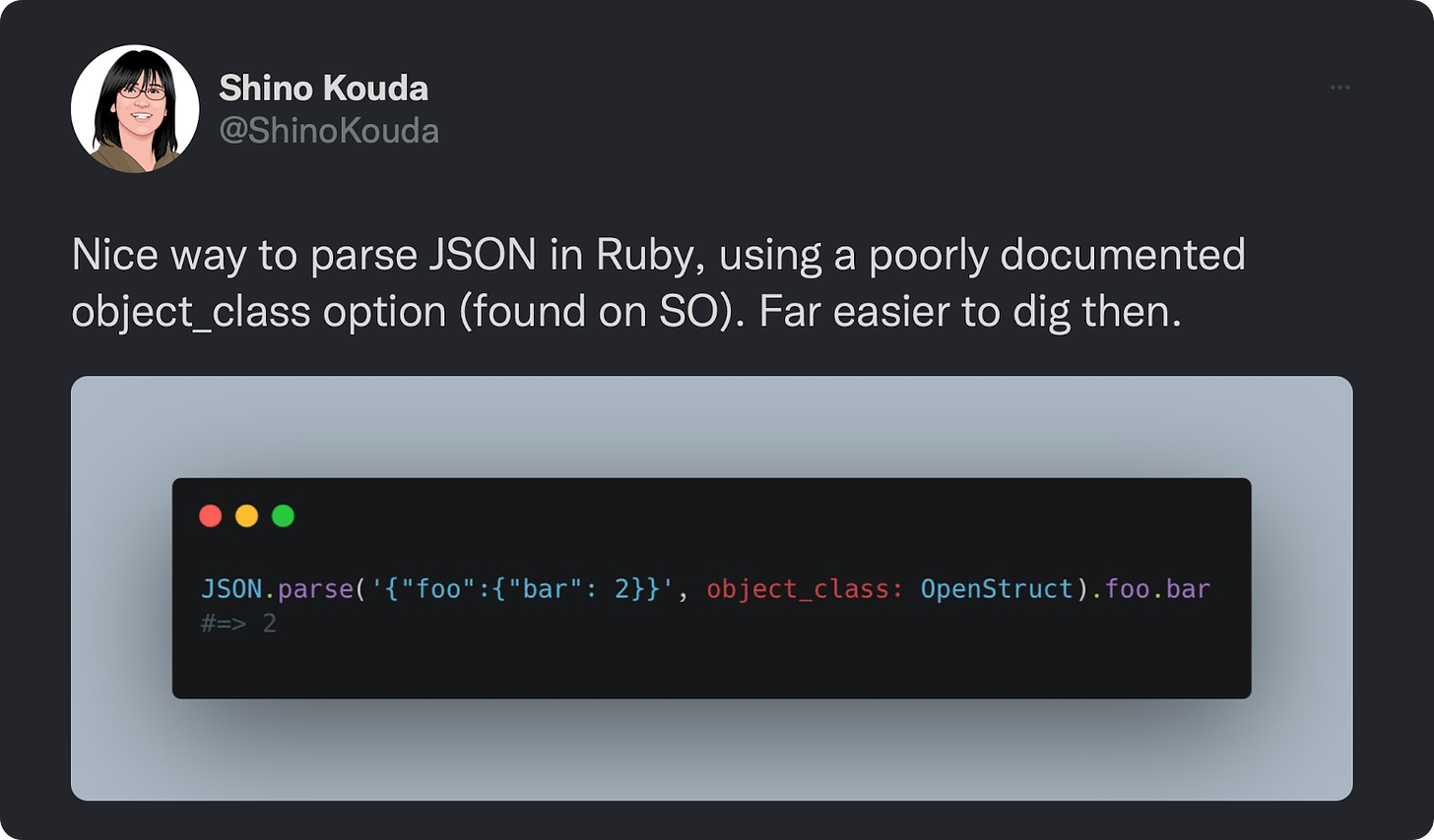 Nice way to parse JSON in Ruby, using a poorly documented object_class option (found on SO). Far easier to dig then.