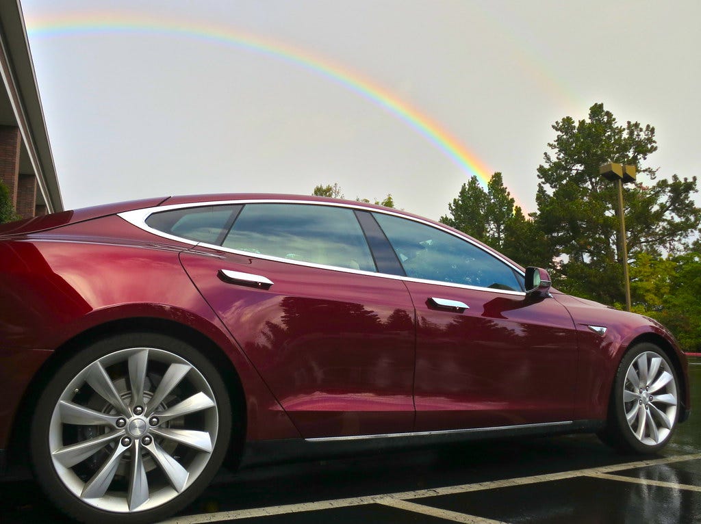 "Tesla brings the rainbows — seen this morning at work" by jurvetson is licensed under CC BY 2.0.
