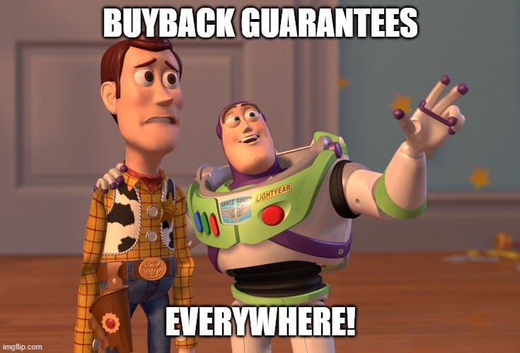 X, X Everywhere Meme |  BUYBACK GUARANTEES; EVERYWHERE! | image tagged in memes,x x everywhere | made w/ Imgflip meme maker