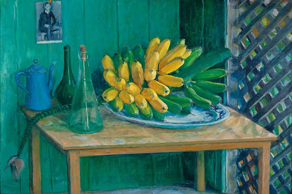 Painting by Margaret Olley of a tray of bananas on a table in a green-blue light.
