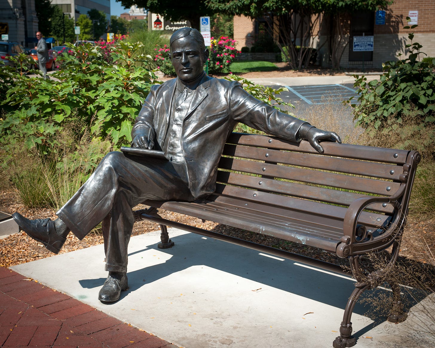 Sculpture by Bill Wolfe called Max Ehrmann at the Crossroads. Located at "The Crossroads" display along the National Road near the Indiana State University Campus. The statue is both a tribute to the history and culture of Terre Haute, and an impressive element in Indiana's State's campus impressive campus refurbishment. Photo courtesy of ISU Photography Services