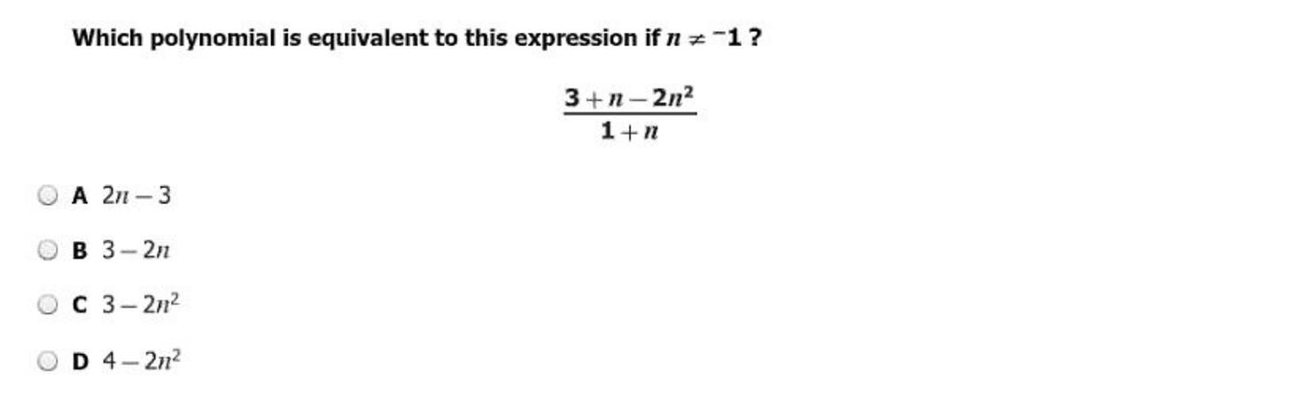 A multiple choice question asking students to find an equivalent expression to a polynomial.