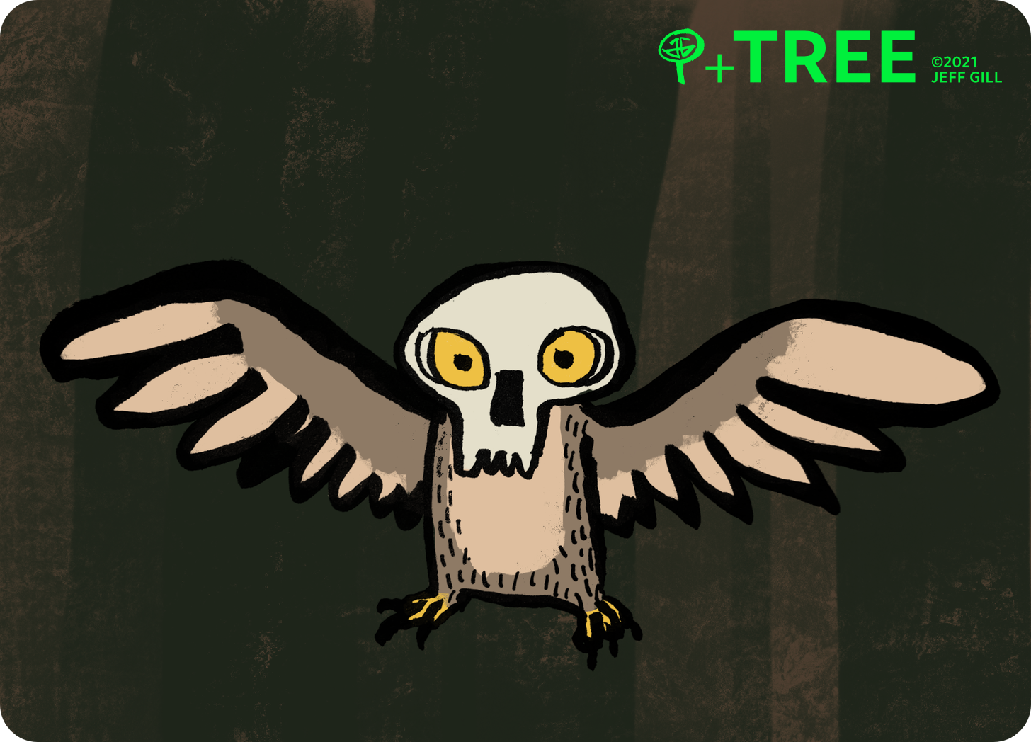Illustration of a large owl with outstretched wings and wearing a human skull like a helmet