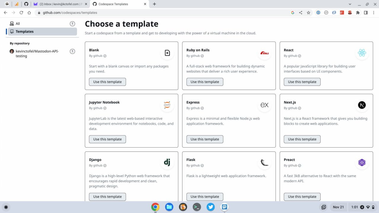 Templates for GitHub Codespaces on a Chromebook