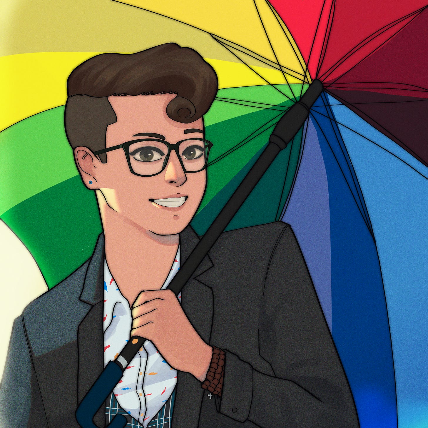 Digital drawing of KSCHatch, a white genderqueer person with short, dark brown hair that curls at the front. They are holding a rainbow umbrella, wearing glasses, and a suit jacket and waistcoat over a patterned white button down shirt. 