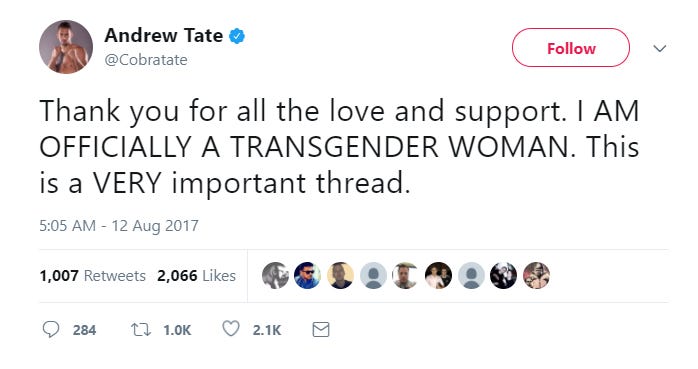 Kickboxing champ Andrew Tate comes out as transgender woman - /pol/ -  Politically Incorrect - 4archive.org
