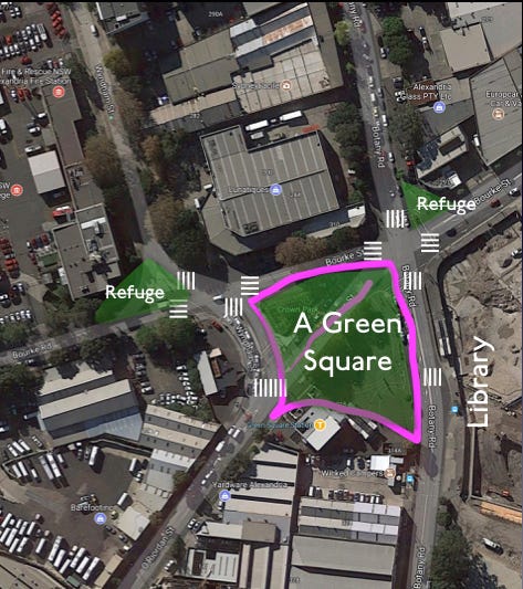 A Green Square. Drawn by Author. Not to Scale. Indicative Only. Zebra Crossing indicate location of pedestrian crossings. Refuge islands to be deleted, along with section of O'Riordan Street.