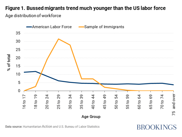 Figure 1. Bussed migrants trend much younger than the US labor force